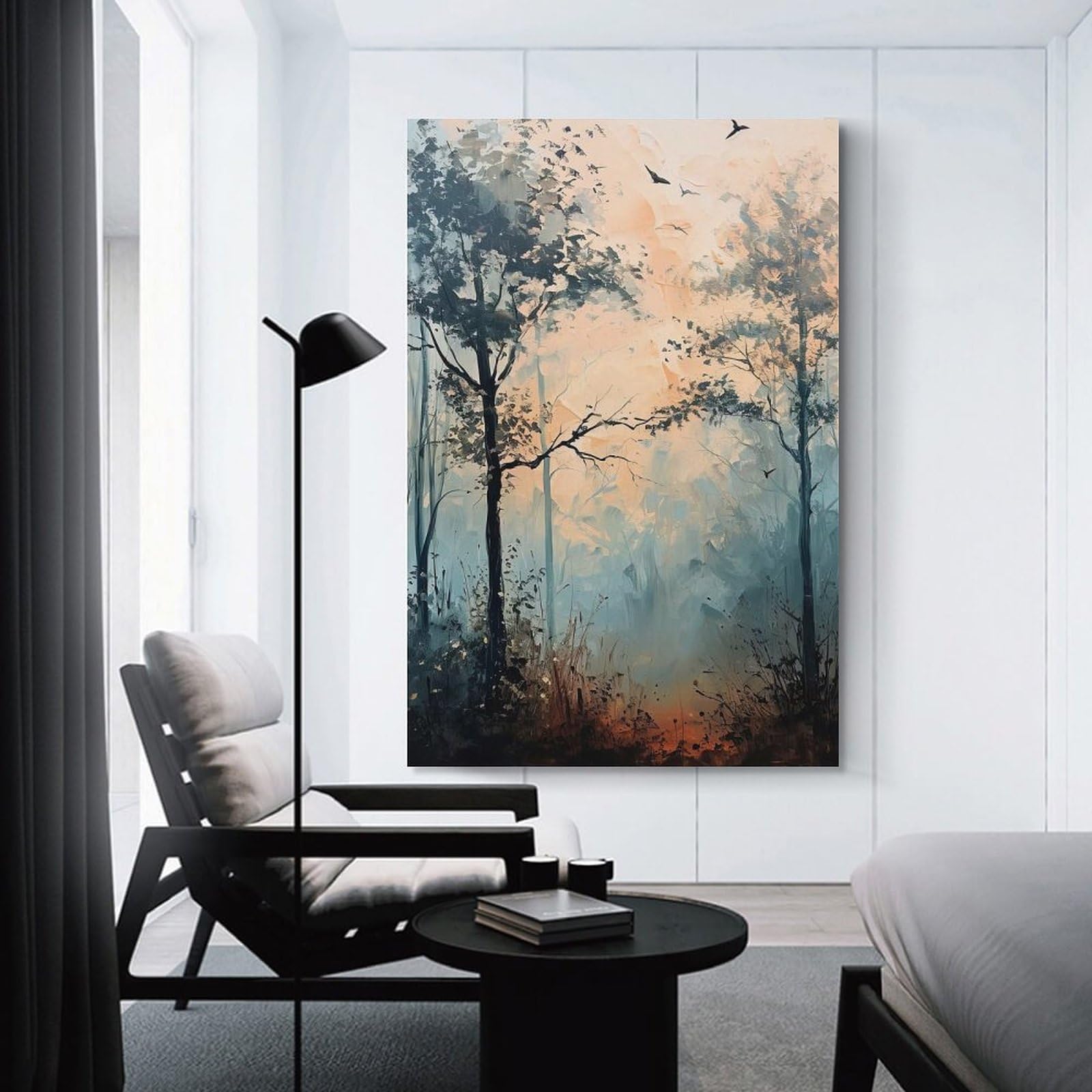 Junmoney Unframe-Style-2 Misty Forest Painting With Birds Hanging Wall Art, 24X36inch(60X90cm), For Bedroom Decor, Cosy Corners Or Studios, An Easy Wall Refresh For Bedrooms