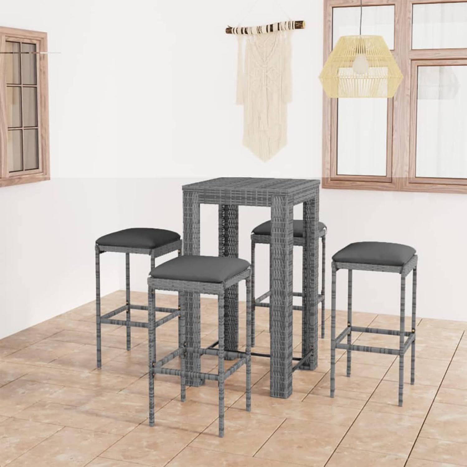 5-Piece Garden Bar Set with Grey Polyrattan Cushions, Garden Bar Furniture, Corner Bar for Garden Patio Outdoor