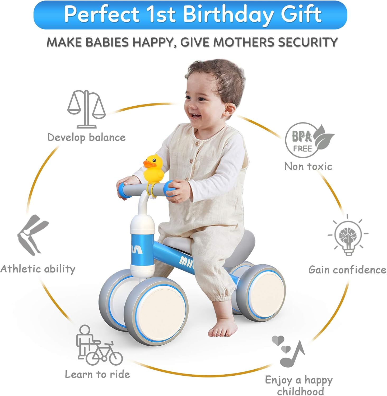 Baby Balance Bikes Toys for 1 Year Old Boys Girls 10-24 Months Cute Toddler First Bicycle Infant Walker Children No Pedal 4 Wheels 1st Birthday Gifts, Blue : Toys & Games
