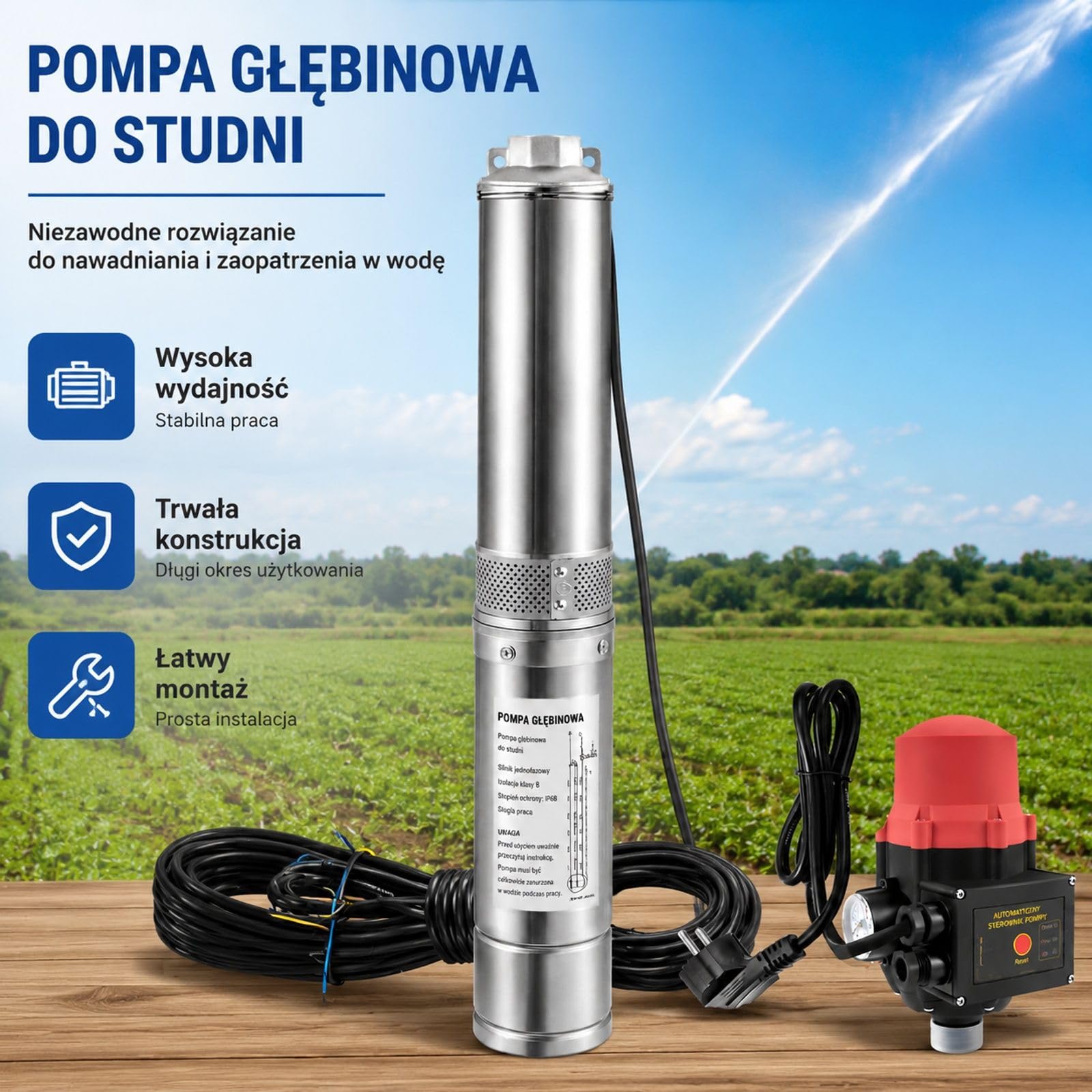 Pompa głębinowa 750 W, 105 l/min, wysokość podnoszenia 62 m, stal nierdzewna, kabel 20 m, do nawadniania i zaopatrzenia w wodę