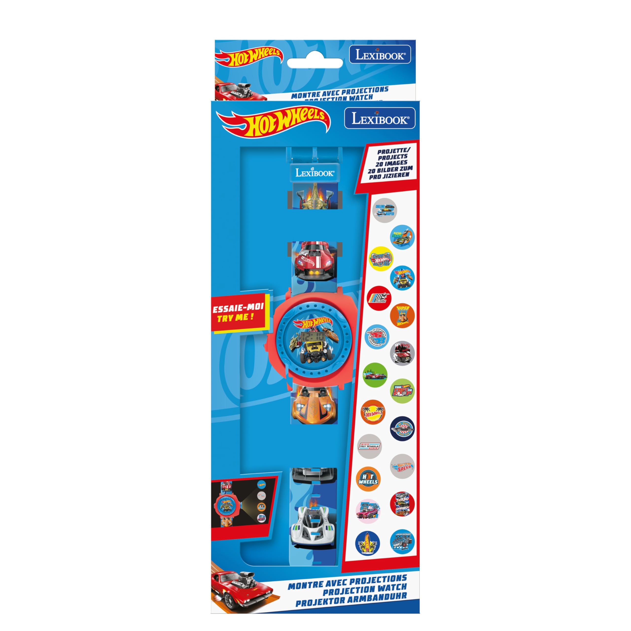 Lexibook, Hot Wheels, Reloj de proyección Ajustable con Pantalla Digital, 20 imágenes Hot Wheels, para niños, Azul, DMW050HWLXB