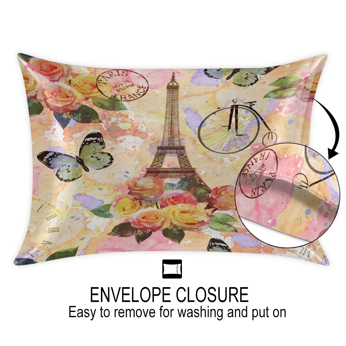 Paris Travel - Federe in raso vintage per capelli e pelle, confezione da 2, federa con chiusura a busta, super morbide, anti-pieghe, antimacchia, 50,8 x 101,6 cm