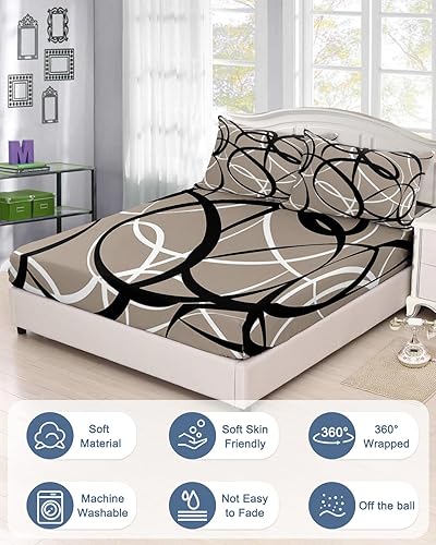 Miniatura 3 de Bedding Sábanas bajeras de tamaño Queen para colchón de bolsillo profundo de 5 a 16 pulgadas, rayas abstractas negro blanco sobre gris, sábana