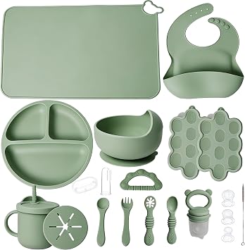 19 Pcs Silicone Baby Feeding Set Eating Essentials for Newborn | Toddler Plates and Bowls Set with Bib Sippy Cup Fruit Feeder Freezer Tray Fork & Spoon Infant Led Weaning Supplies Utensils