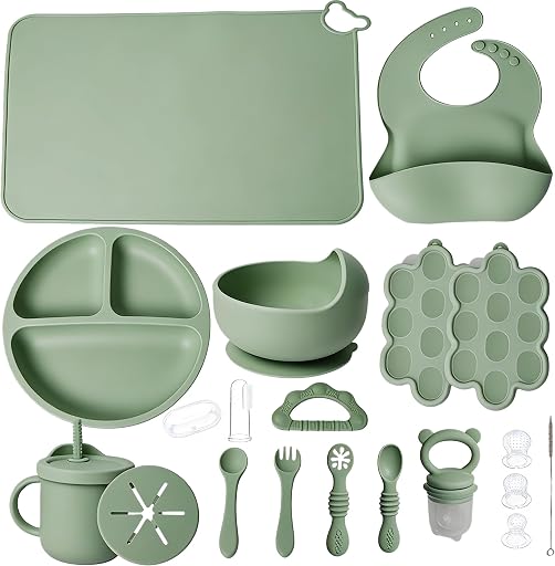 19 Pcs Silicone Baby Feeding Set Eating Essentials for Newborn | Toddler Plates and Bowls Set with Bib Sippy Cup Fruit Feeder Freezer Tray Fork & Spoon Infant Led Weaning Supplies Utensils