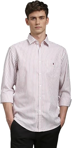 Louis Philippe Men's Slim Fit Signature Oxford Easy Care, Natural Stretch Full Sleeve Stripe Casual Shirt