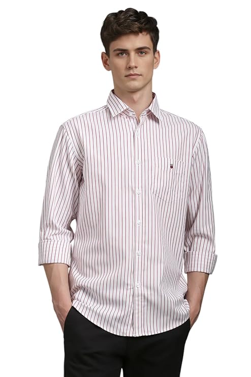 Louis Philippe Men's Slim Fit Signature Oxford Easy Care, Natural Stretch Full Sleeve Stripe Casual Shirt