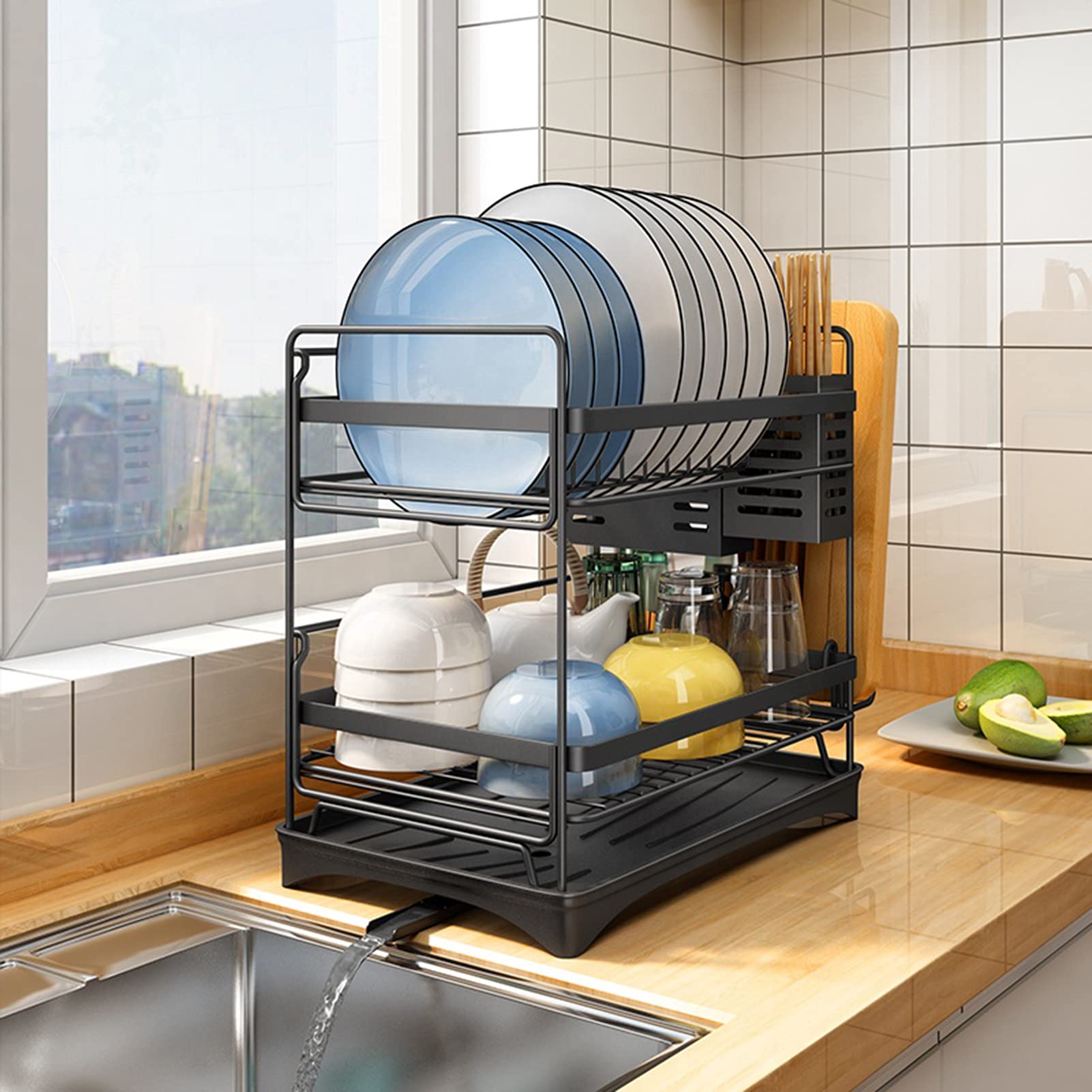 LDIW Séchoir À Vaisselle Cuisine Égouttoir à Vaisselle en Acier Support à Vaisselle Détachable de Grande Capacité avec Porte-Couverts et Sortie d'eau,Noir,2 Layers