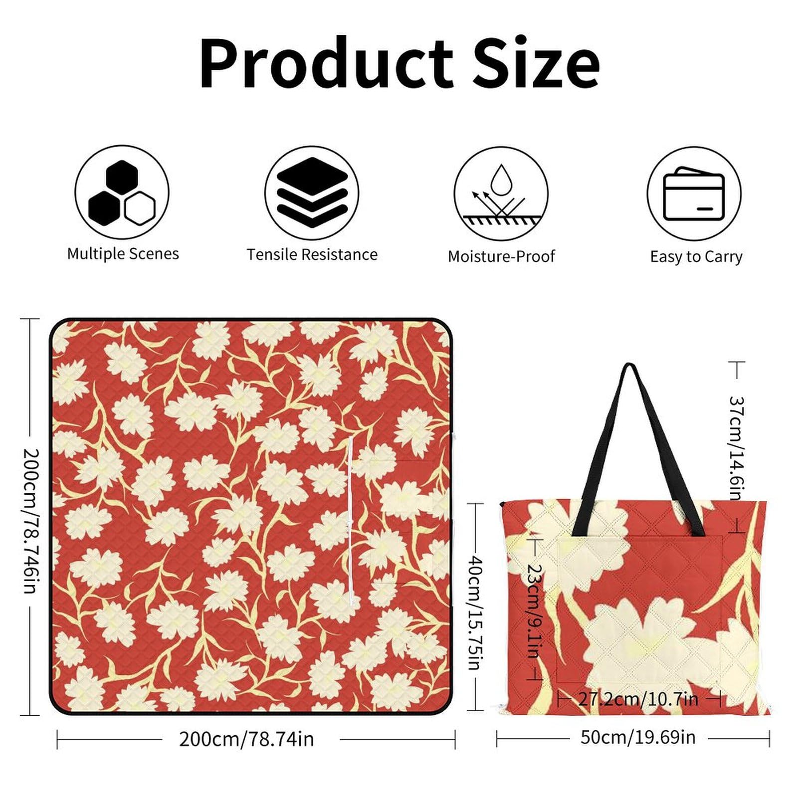 3D Stampa Fiore rosso Coperta Picnic Impermeabile Plaid Pic Nic Pieghevole Coperta Pic Nic Per Pic-nic, Spiaggia, Campeggio, Parco, Giardino, Estate 200x200cm