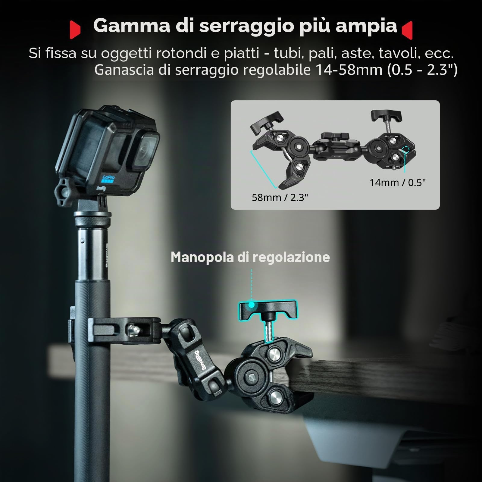 SMALLRIG Supporto Super Clamp Doppio con Braccio Magico, Morsetto a Testa Sferica a 360° per Ombrello, Sedia, Monitor, Scrivania, Studio Fotografico, Supporto a Morsetto per Treppiede -5453