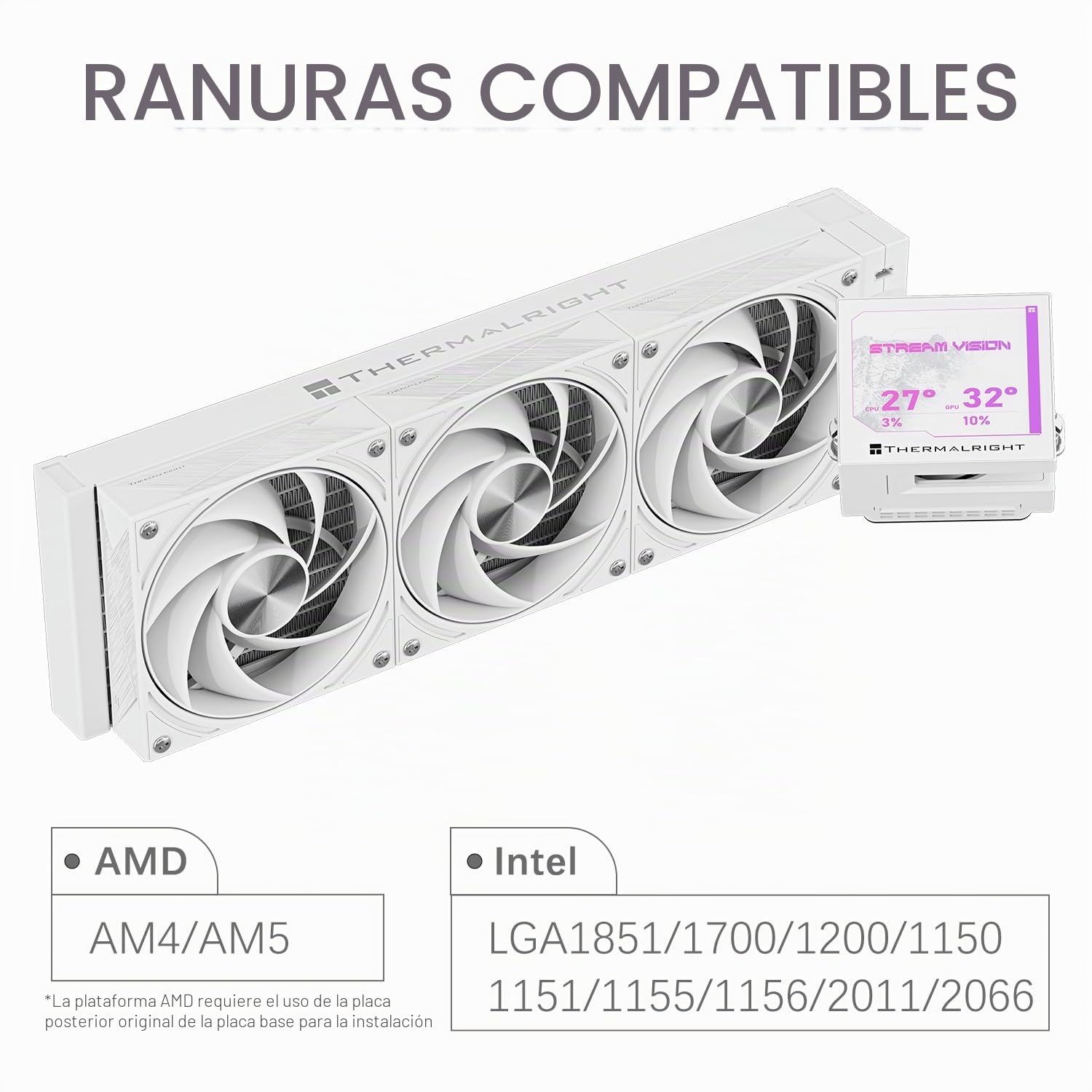 TR-Thermalright Stream Vision 360 Blanco Liquid CPU Kühler, Pantalla LCD IPS de 3.5'' con resolución de 680x480 - magnético, cabeza fría con ventilador incorporado, para AM5, LGA1851/1700