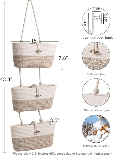 Miniatura 3 de Cesta organizadora de cuerda de algodón, 3 niveles para colgar en la pared, organizador de armario, cestas decorativas para organizar la sala de