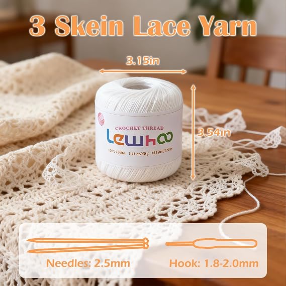10pcs Small Size Lace Crochet Hooks (0.5~2.75mm), 3 Pack Crochet Thread, 100% Cotton Size 3 Lace Yarn