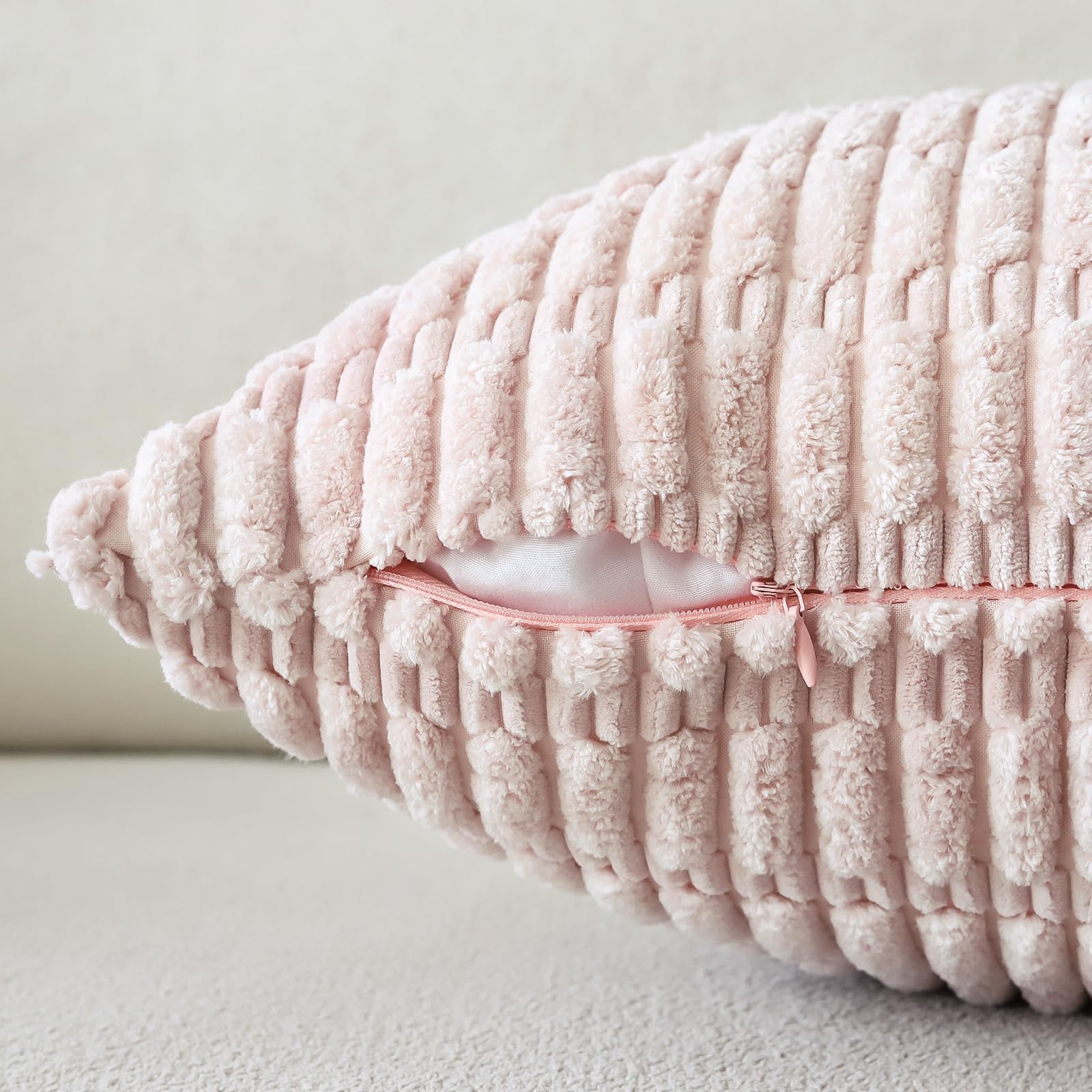 Sungeek Set of 4 Soft Corduroy Decorative Cushion Covers 40x60cm Lumbar Striped Throw Pillow Covers 16x24 Inch for Sofa Couch Living Room Patio Farmhouse Boho Home Decor Pillowcases (Pink) - Image 3