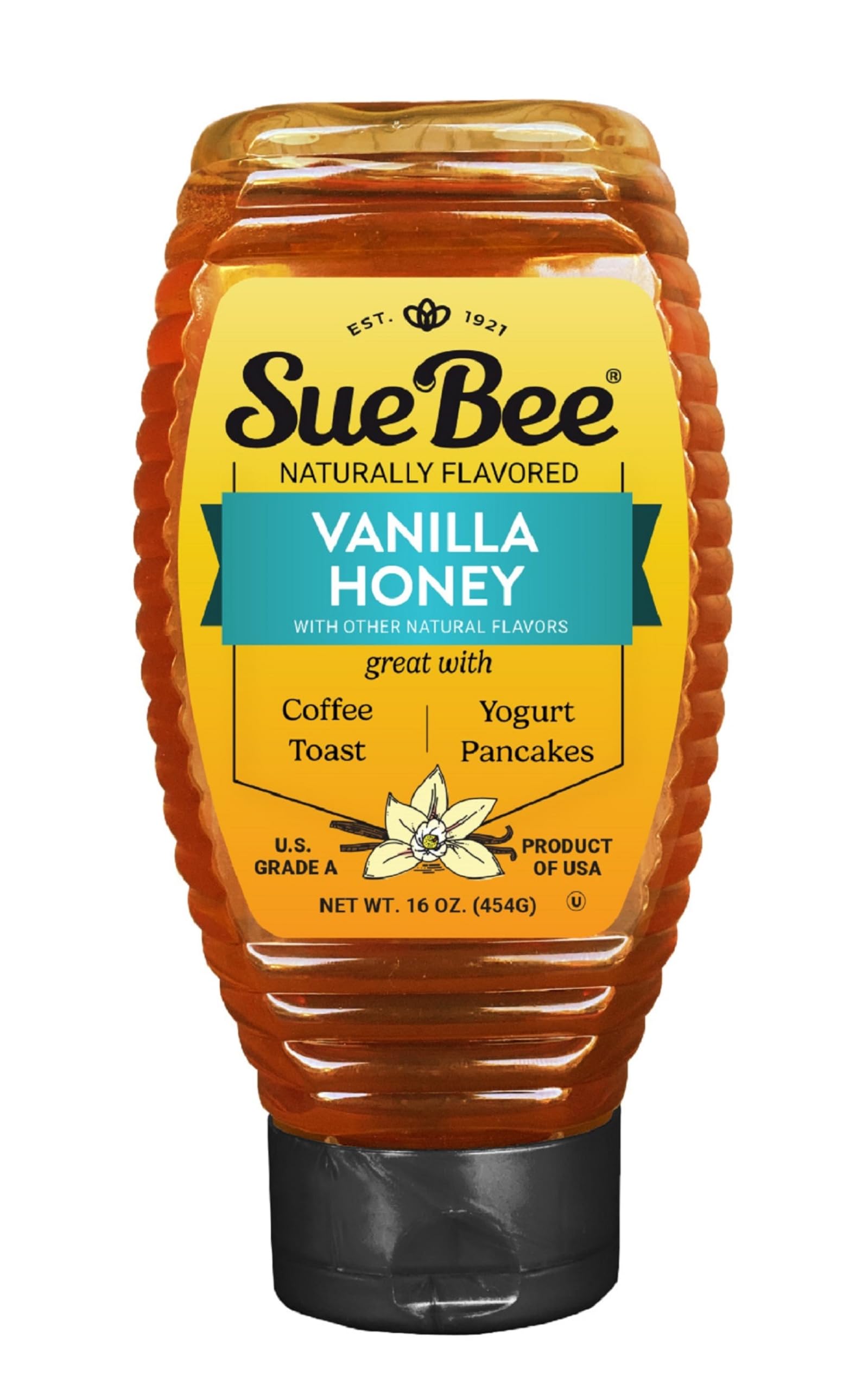 Sue BeeNaturally Flavored Vanilla Honey For Coffee and Pancakes, Salads, Made in USA, 16 oz