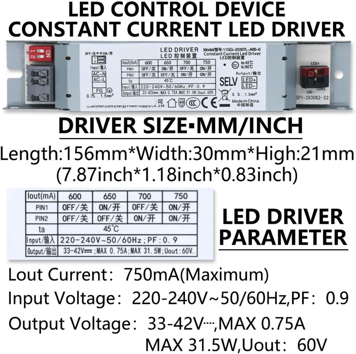 1PCS LED Power Supply DC33-42V Lighting Transformer 23W 31W 44W 63W 84W AC220-240V Adjustable Constant Current LED Driver(23.1W 550mA)