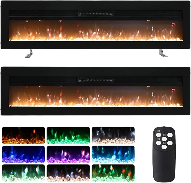 INMOZATA 152cm Electric Fire Recessed Wall Mounted Freestanding Electric Fireplace with Realistic LED Flame Effect, Adjustable Thermostat, Overheat Protection, 900W&1800W (152 cm/60 inch, Black)