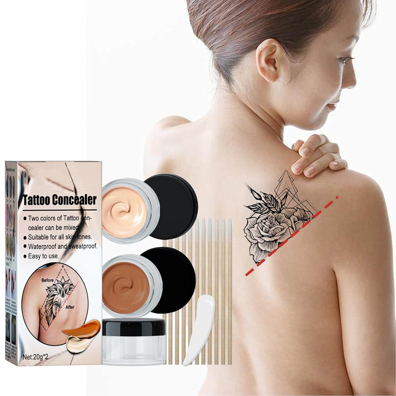 Tattoo Concealer,2pcs Double Color 0.7oz Scar Concealer Makeup Concealer Scar/Birthmarks/Vitiligo Tattoo Concealer Kit Waterproof Birthmark Scar Tattoo Cover Cream Waterproof Concealer : Beauty & Personal Care