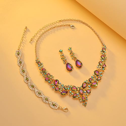 Miniatura 3 de Juego de joyas para mujer de diamantes de imitación, juego para fiesta de boda, corona de tiara, collar gargantilla, pulsera de eslabones, aretes