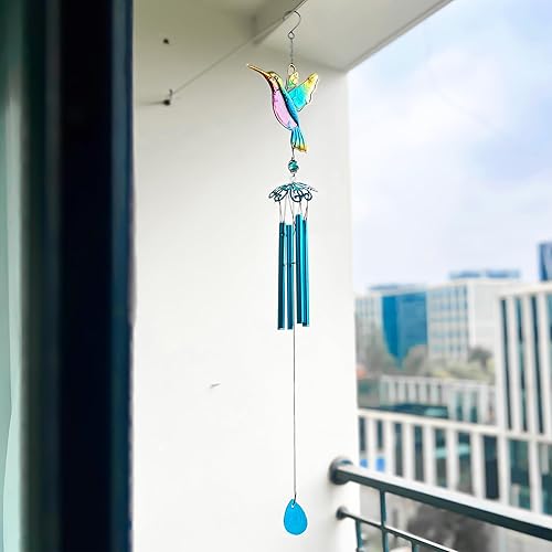 Miniatura 7 de Campana de viento de colibrí azul de 35 pulgadas, para interiores y exteriores, pintada de vidrio para patio, balcón, jardín, patio o decoración de