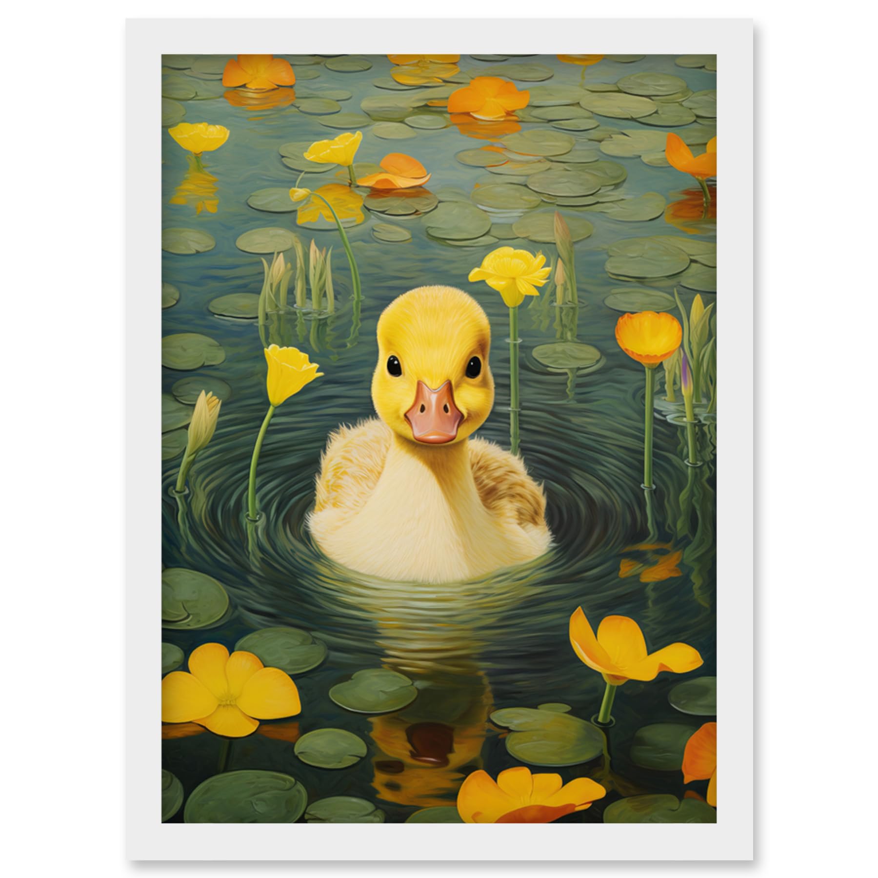 Artery8 Whirlpool Duckling Lily Pads and Flowers Kids Bedroom Nursery Artwork Framed Wall Art Print A4
