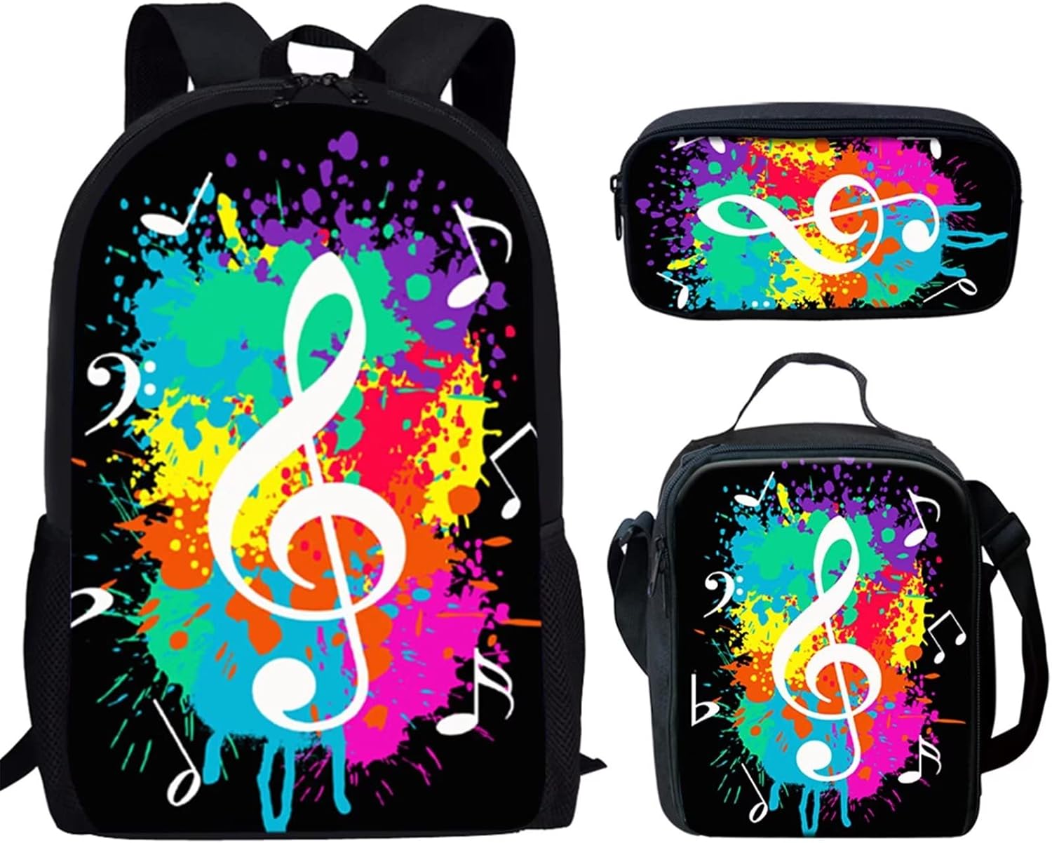GLENLCWE Tie Dye Music Note Print Boys Girls Backpack Student Backpack Kit with Lunch Box Pencil Bag 3 Pack