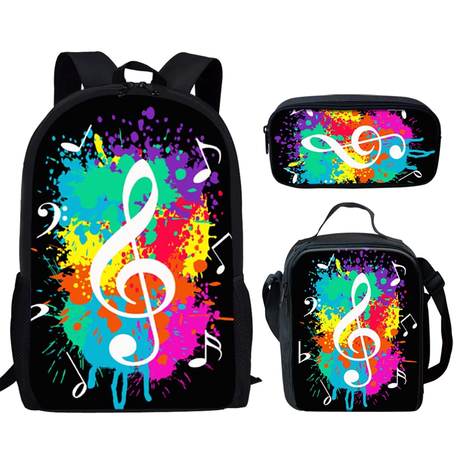 GLENLCWE Tie Dye Music Note Print Boys Girls Backpack Student Backpack Kit with Lunch Box Pencil Bag 3 Pack