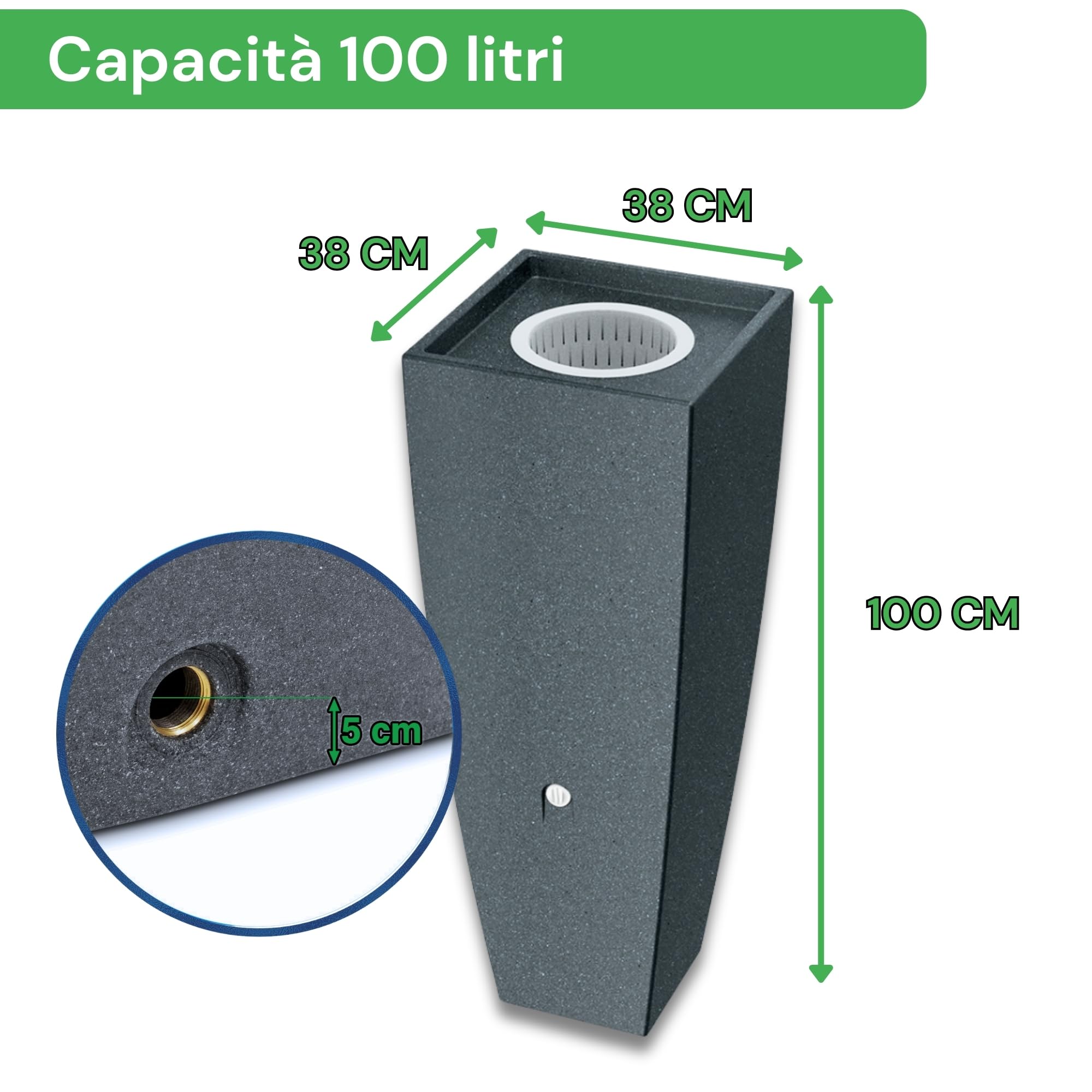 YourCasa PureFlow - Botte per acqua piovana, 100 l, con filettatura in metallo e cestello per filtri, in plastica, resistente al gelo, per giardino
