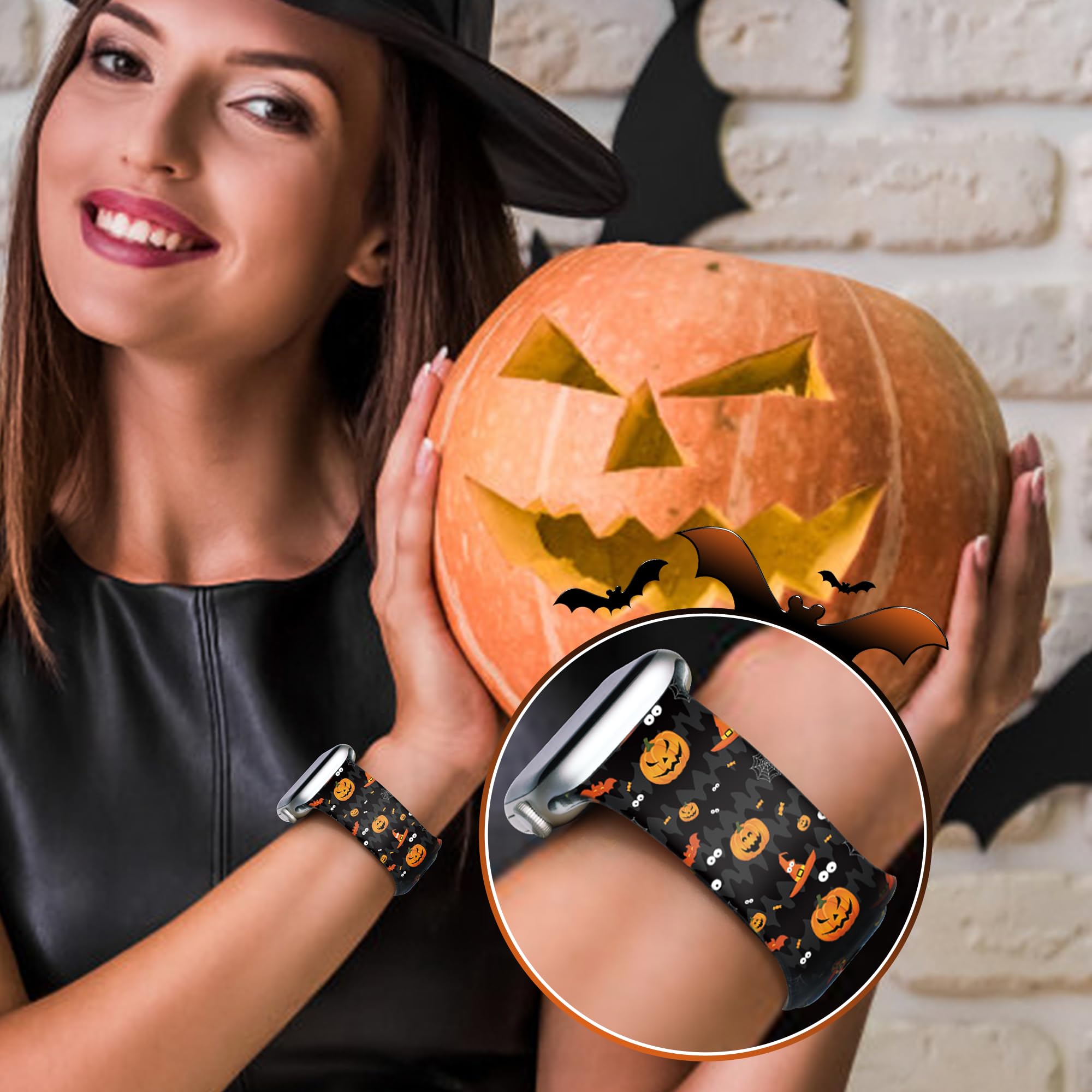 Halloween-Armband, kompatibel mit Apple Watch, 41 mm, 40 mm, 38 mm, Silikon, Kürbis-Violett, Fledermaus-Armband für Damen und Herren, niedliches, modisches und leichtes Armband mit iWatch Serie 9, 8,