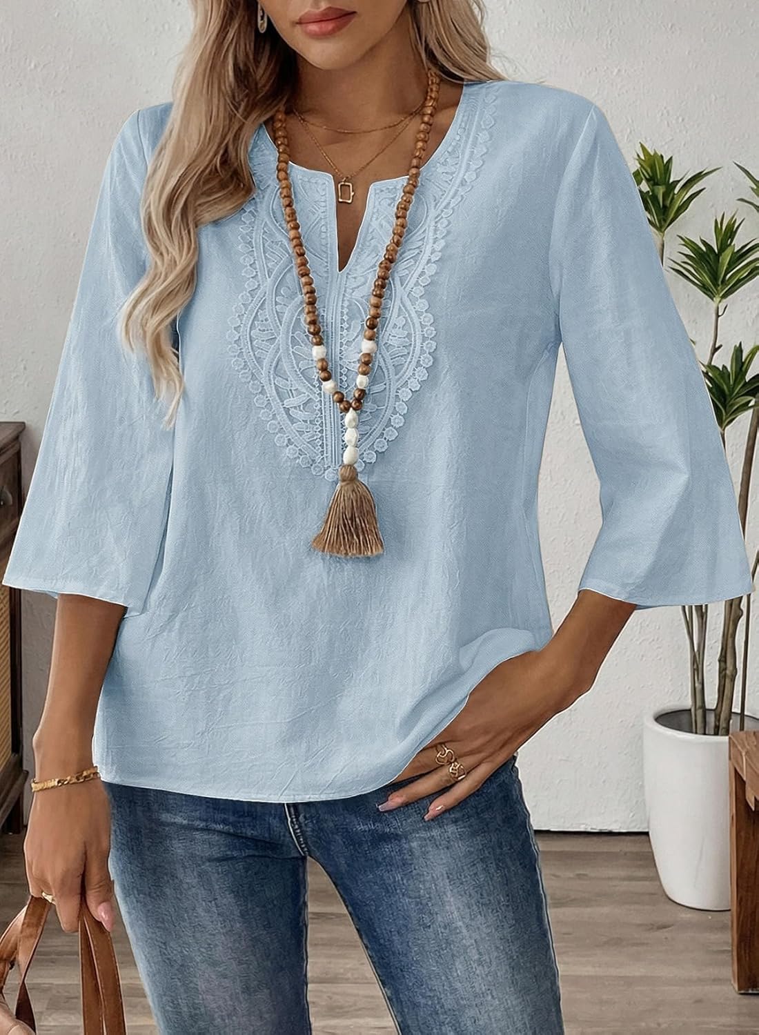 EVALESS Boho Tops for Women Blouses Dressy Casual V Neck 3/4 Sleeve Shirts Spring Outfits Trendy Vacation Clothes - Image 3