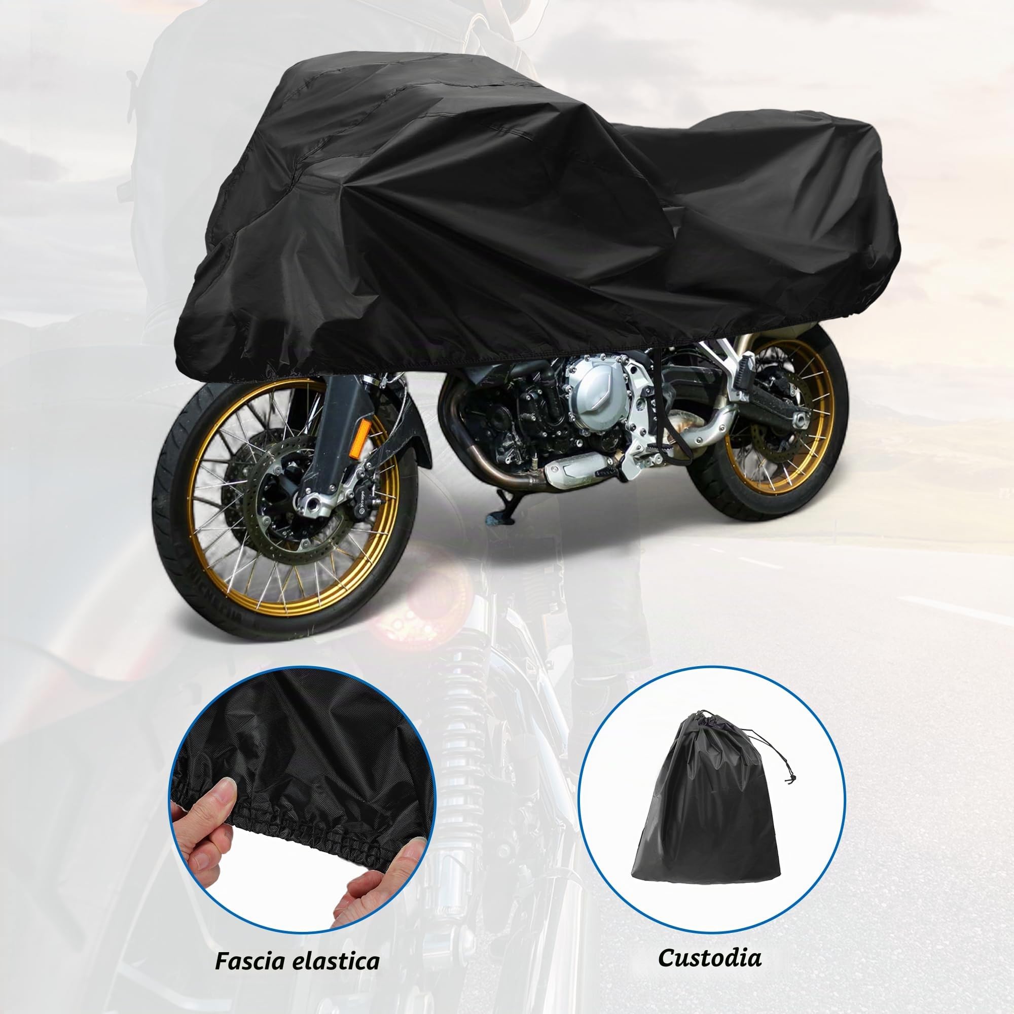 X AUTOHAUX Copertura per moto da esterni, impermeabile, mezza copertura 420D, in poliuretano, colore nero, protezione da sole e pioggia, adatta per 265 x 105 x 65 cm | Mezza copertura impermeabile per esterni, nera, protezione solare, copertura impermeabi