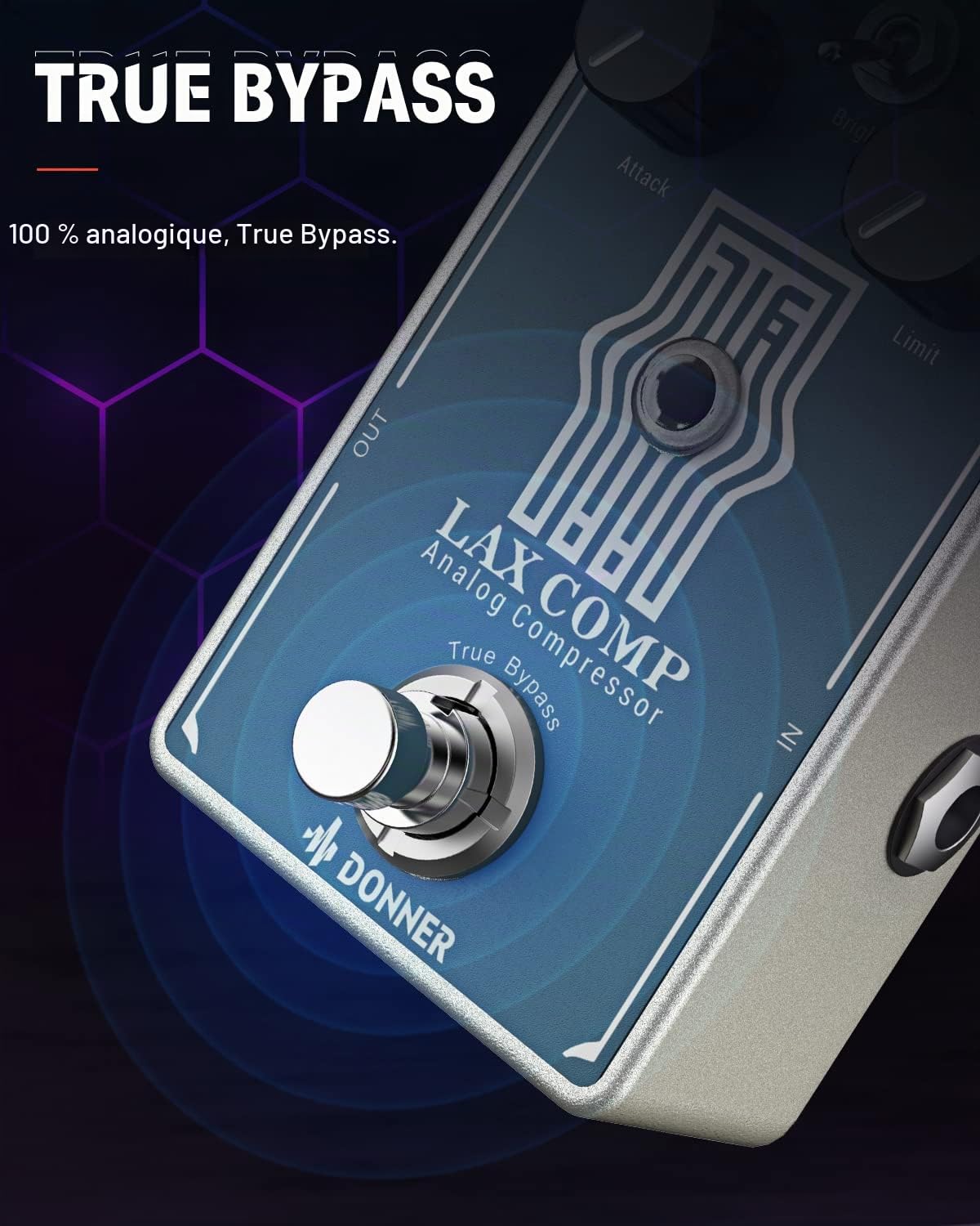 Pédale compresseur Donner pour guitare, Lax Comp pour guitare électrique et basse, compresseur style peak limiter avec boost EQ 2 bandes et véritable bypass analogique pur
