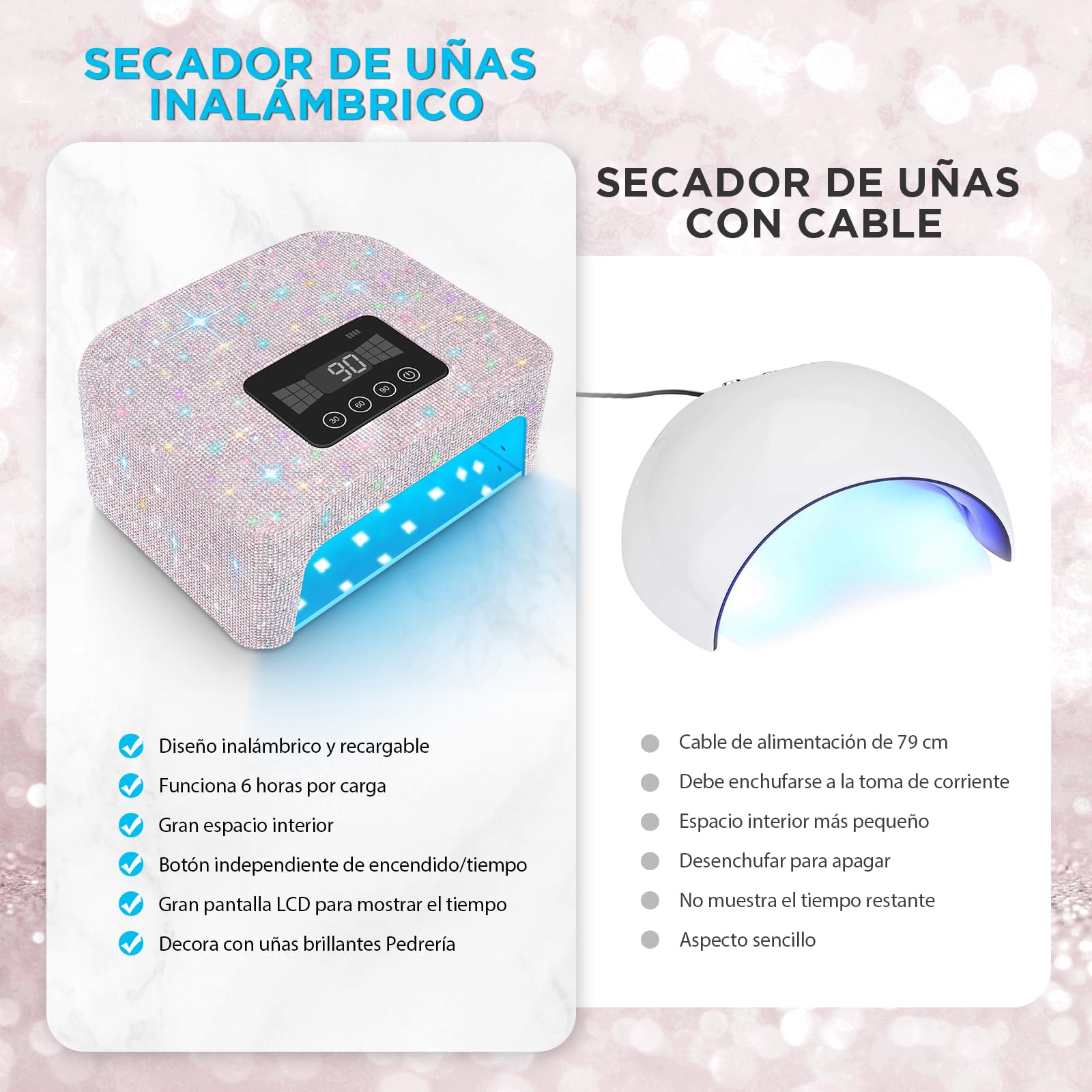 Lámpara UV recargable e inalámbrica para uñas de gel, lámpara LED para uñas con 4 modos de temporizador y decorada con brillantes diamantes de imitación para uñas, 1pcs