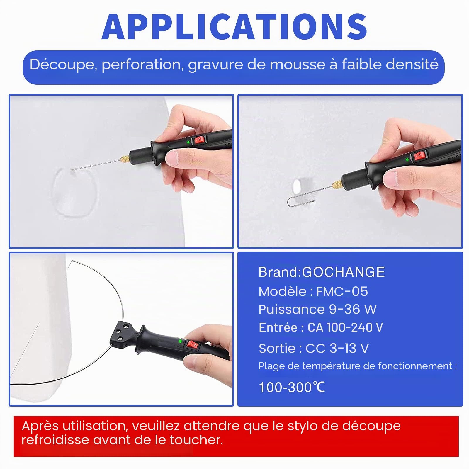Coupe-polystyrène 4 en 1 avec régulateur de tension numérique, coupe mousse électrique GOCHANGE, stylo de découpe de polystyrène 100-240 V / 9-27 W avec adaptateur de tension réglable