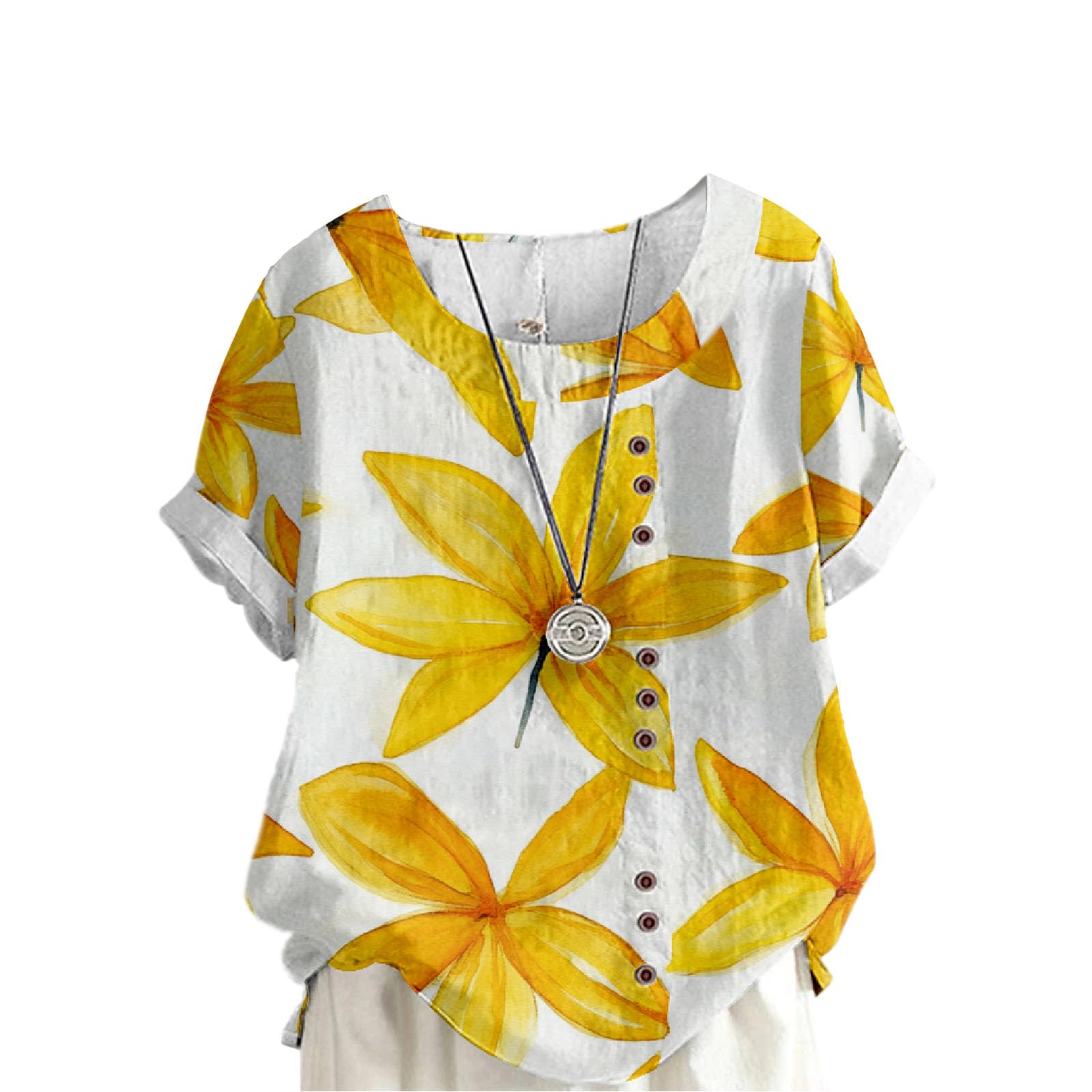 Women's Cotton Linen Tops Ladies Button Boho Floral Printed Crewneck Short Sleeve Shirts Summer Vacation Blouse