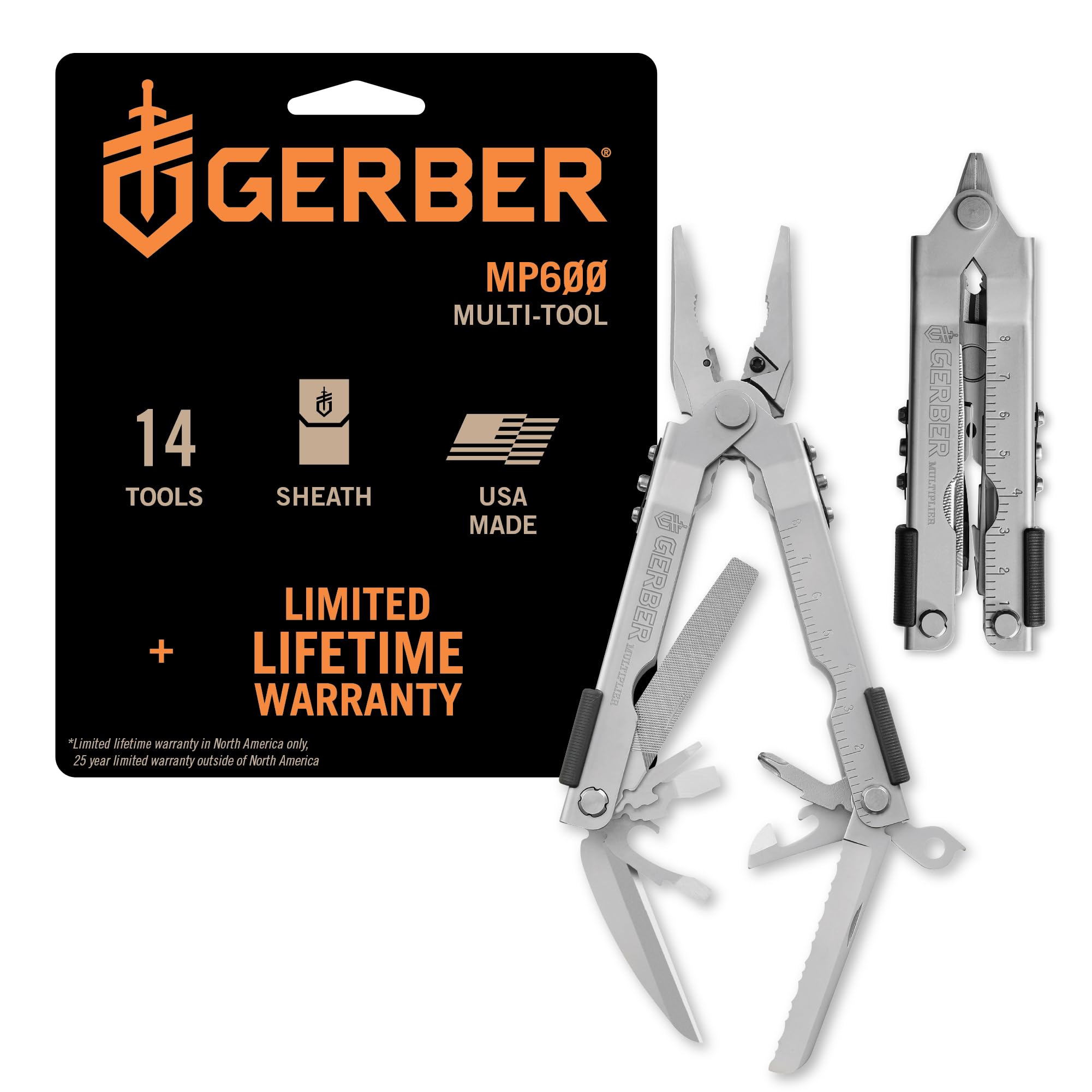 GerberGear Multi-Plier 600 - 14-in-1 Multitool with Sheath, Needlenose Pliers, Screwdriver, Serrated Knife, Wire Crimper, Bottle Opener, Can Opener & More - Made in USA - Stainless Steel