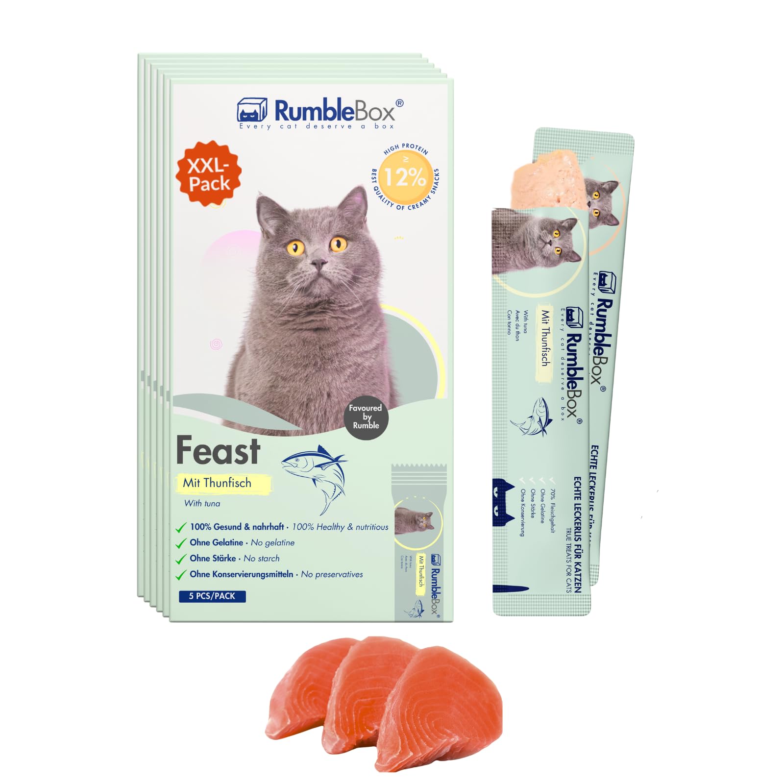 RumbleBox Schleckies mit Thunfisch aus nur 5 Zutaten, getreidefrei & zuckerfrei, Gesunde Leckerlis für Katzen auch für Allergiker (Sparbox XXL 6x75g)