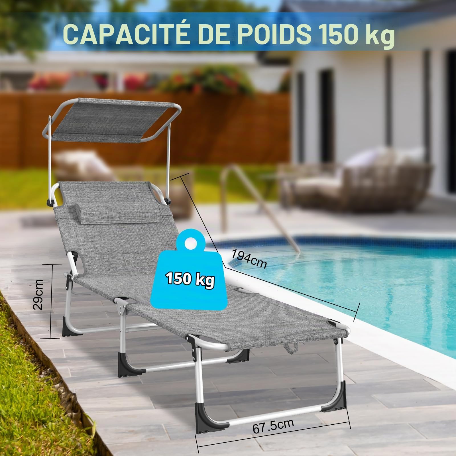 Chaise Longue Pliante，Bain de Soleil Jardin Exterieur，69*195*29CM,Transat de Plage Pliable avec Pare Soleil、Dossier Inclinable et Pochette，Fauteuil Relax，Chaise de Camping Piscine，Gris