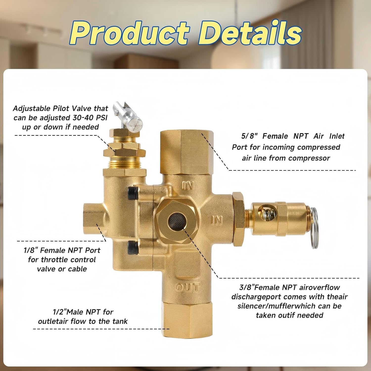 49816283C Pilot Check Calve Unloader Compatible With Ingersoll Rand T30 Gas Powered Air Compressors, 5/8" Inverted Flare Inlet X 1/2" Female NPT Outlet, 1/8" Female NPT Throttle Control Valve Port
