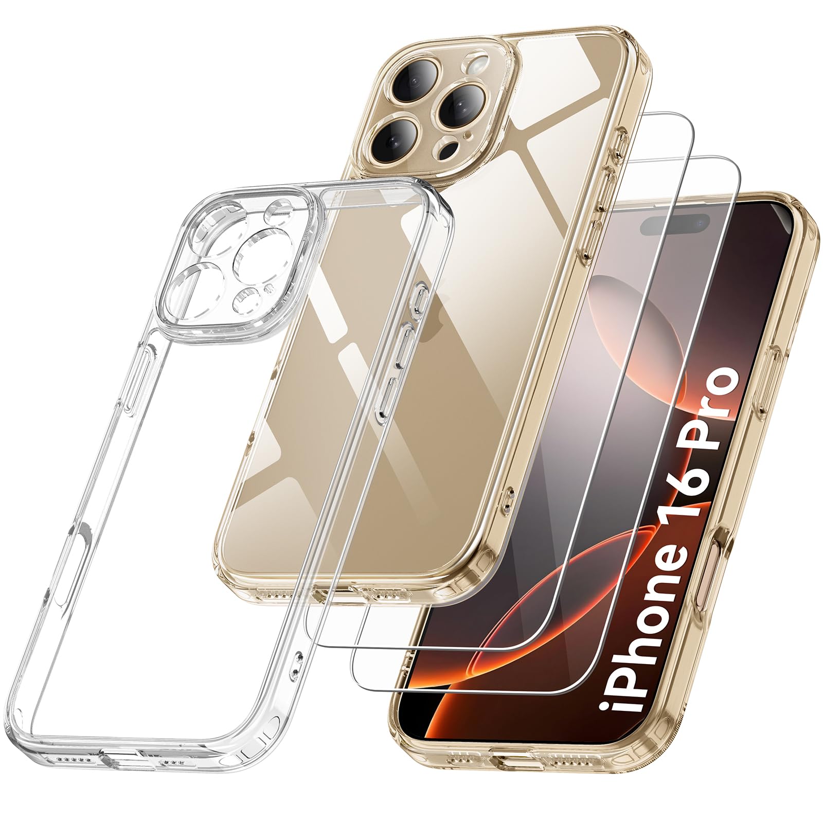 Qasyfanc 3 in 1 Protezione Fotocamera Cover per iPhone 16 Pro e 2 Pellicole Vetro Temperato, Custodia iPhone 16 Pro Case Anti-ingiallimento Anti impronte Digitali Protezione a 360 Gradi Trasparente