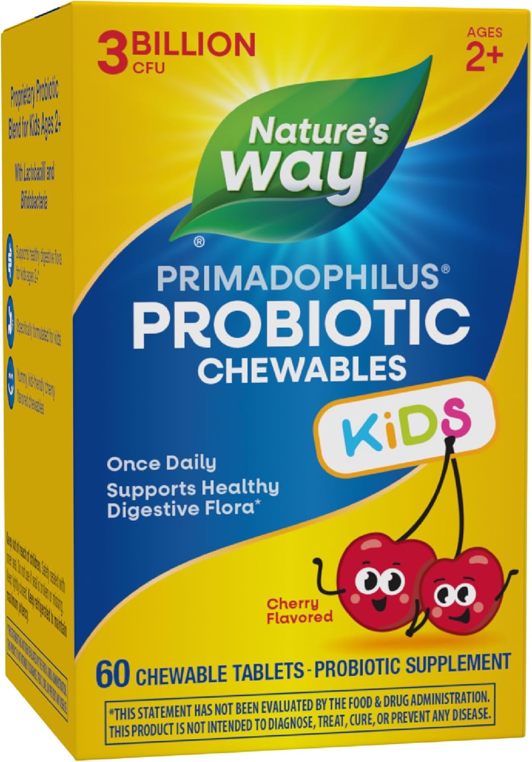 Nature's Way Primadophilus Probiotic Kids - Once Daily Probiotic - 3 Billion CFU - Children's Probiotic for Digestive Flora Support* - Cherry Flavored - 60 Chewables