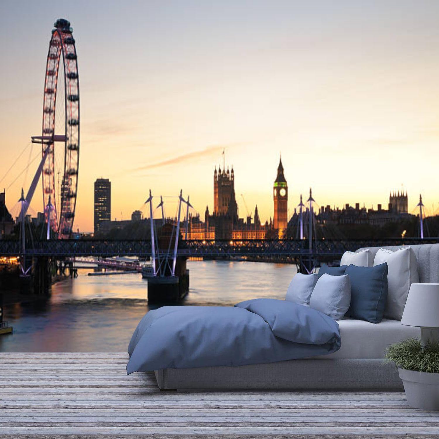 Modern 3D Removable Wallpaper Self-Adhesive Riverside View Wonderful London Skyline at Sunset Wall Murals Peel and Stick Wall Stickers for Living Room Bedroom Wall Decor