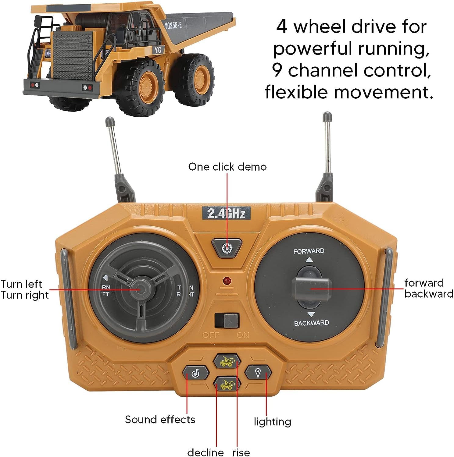 Black Foru Remote Control Construction Dump Toys with 9 Channel with Rechargeable Batteries Metal and Light/Sound RC Dump Truck Toys for 3 Years Old Boys and Girls (Rc Dumper Truck) 1