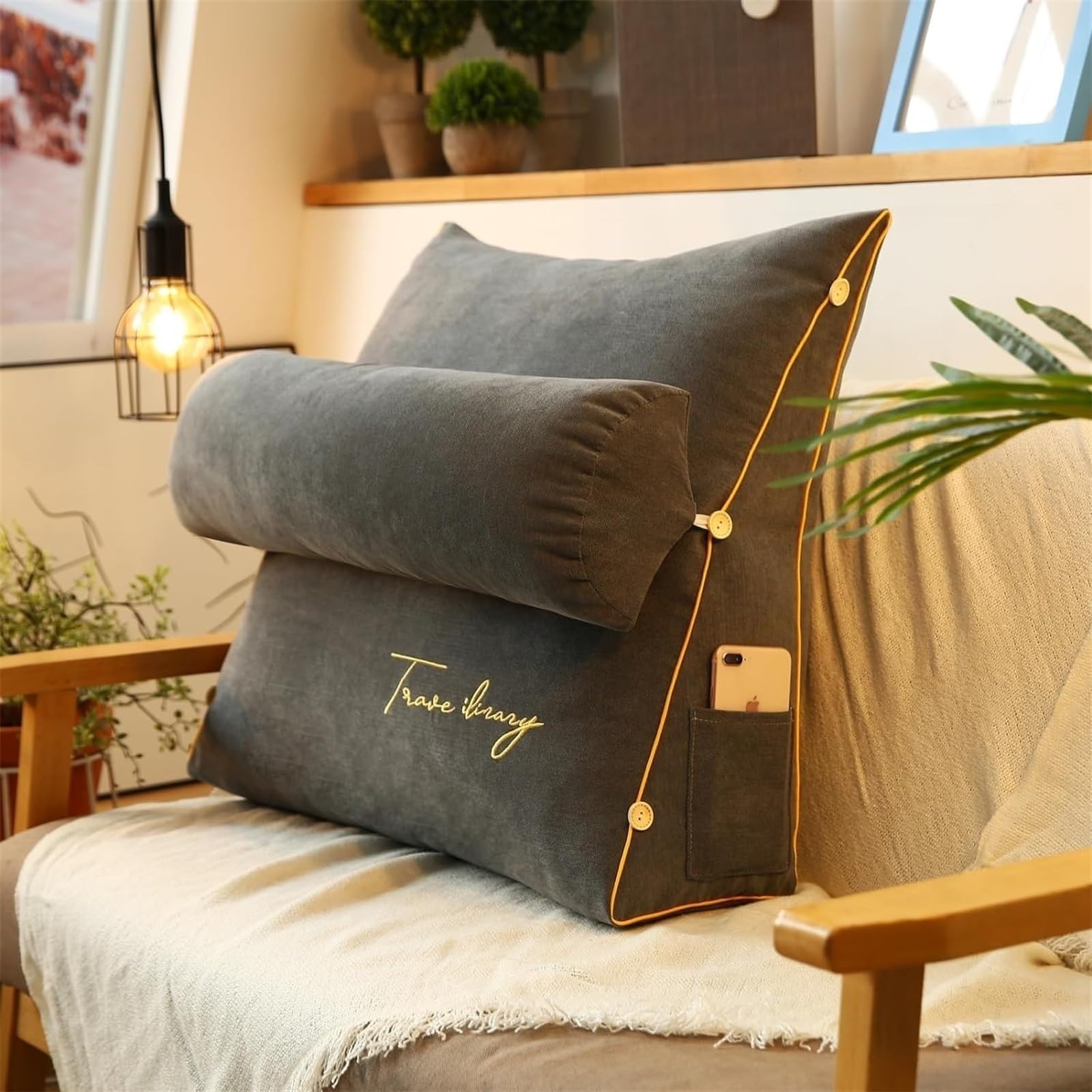 KV-OOGG Wedge Pillow Triangle Pillow, Flex Back Support Adjustable Back Wedge Cushion, Sofa Bed Headboard Backrest Cushion, Reading Pillow for Reading Working(Dark Grey,45*45*20cm (with headrest))