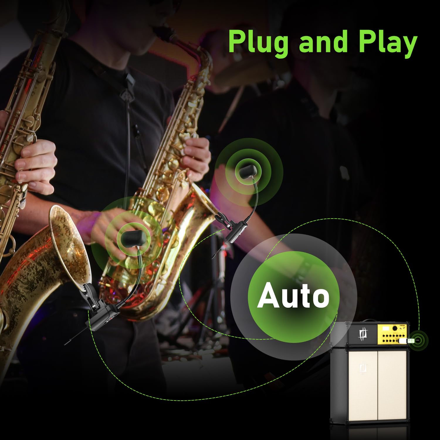 Doppio Microfono Wireless per Sassofono UHF per Strumento con Condensatore UHF, Microfono a Clip con 1 Ricevitore e 2 Trasmettitori, per Sassofono, Corno Francese, Tromba, Trombone, Q2/ST-5