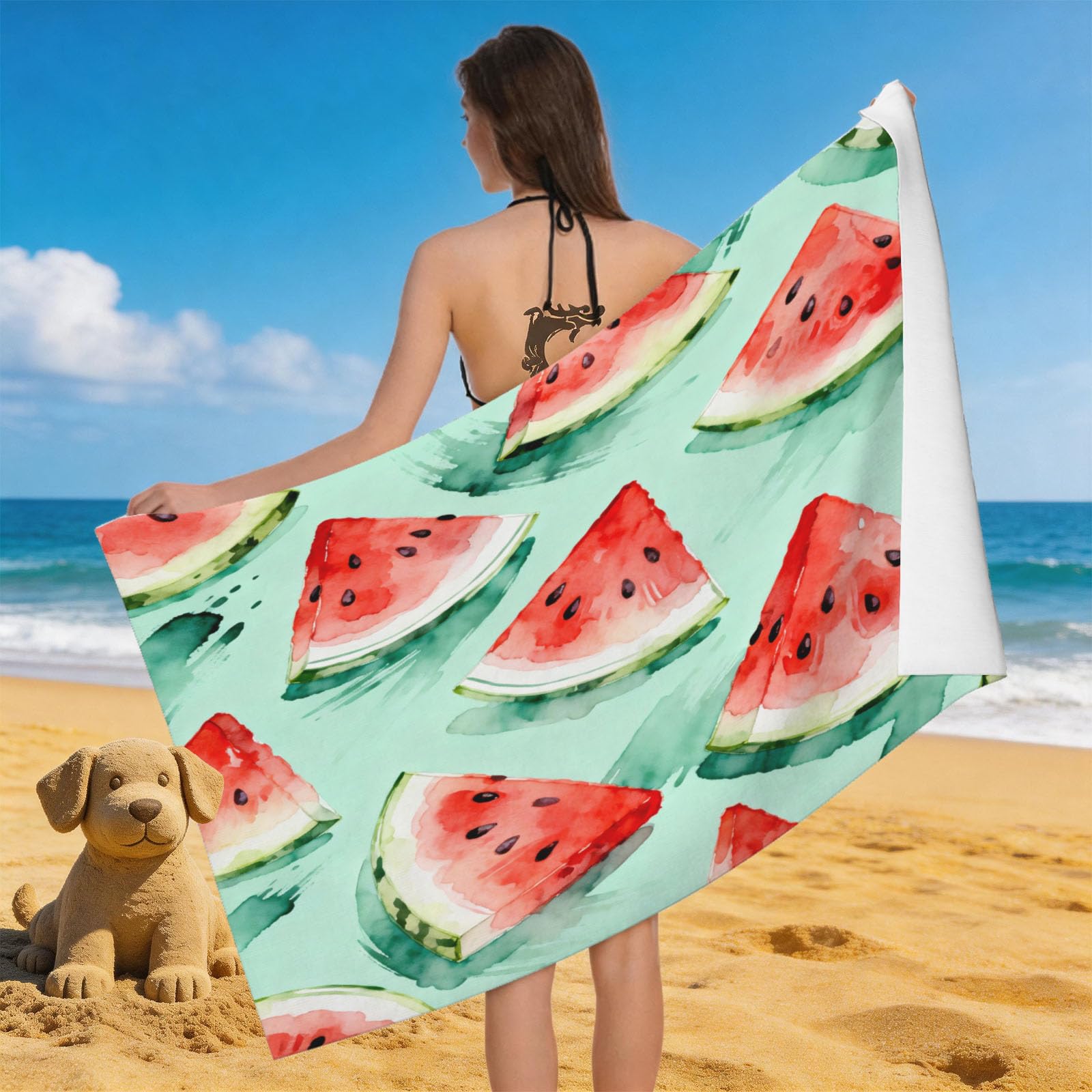 Leichong Men's Green 3D Watermelon Beach Towel Microfiber Soft Quick Dry For Adults, Cartoon Fruit Bath Towel Lightweight Soft Absorbent For Travel Swimming Pool Sports, 75 X 150 Cm