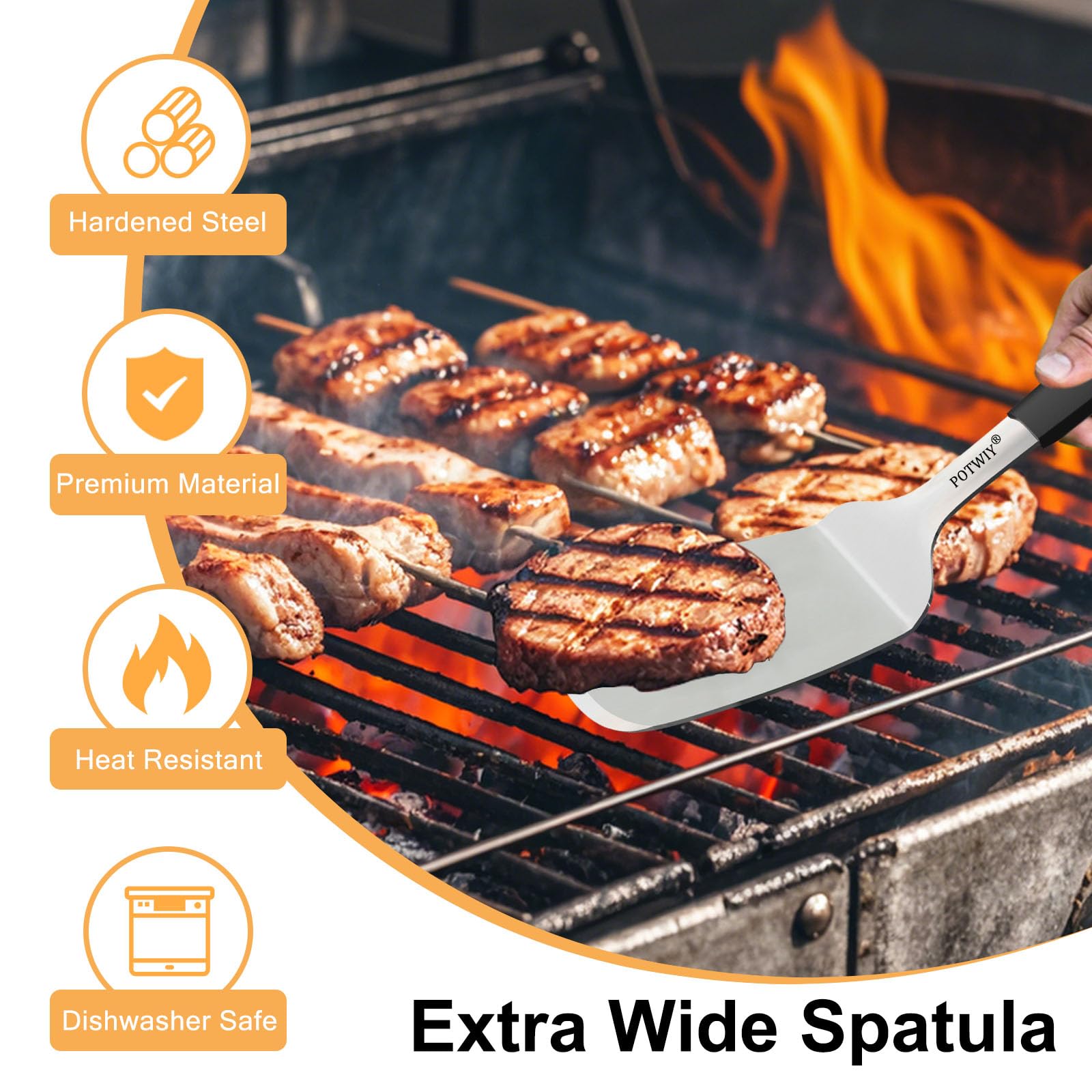 Juego de 2 espátulas de acero inoxidable, espátula de metal de 13.3 y 11.3 pulgadas para cocinar sartén de hierro fundido y parrilla plana, volteador resistente con mango de silicona para