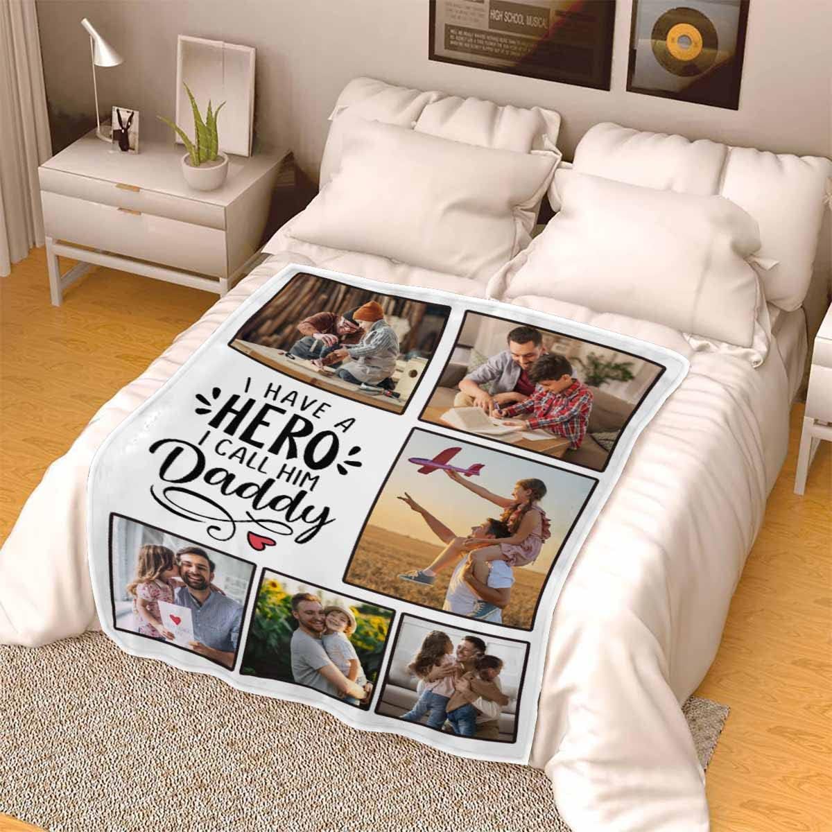 LOSARON Personalized Fathers Day Blanket I Have a Hero I Call Him Daddy 6 Photos Throws Blankets with Photo Custom from Daughter Son Personalized Gifts Blanket for Father Dad Birthday 60x80