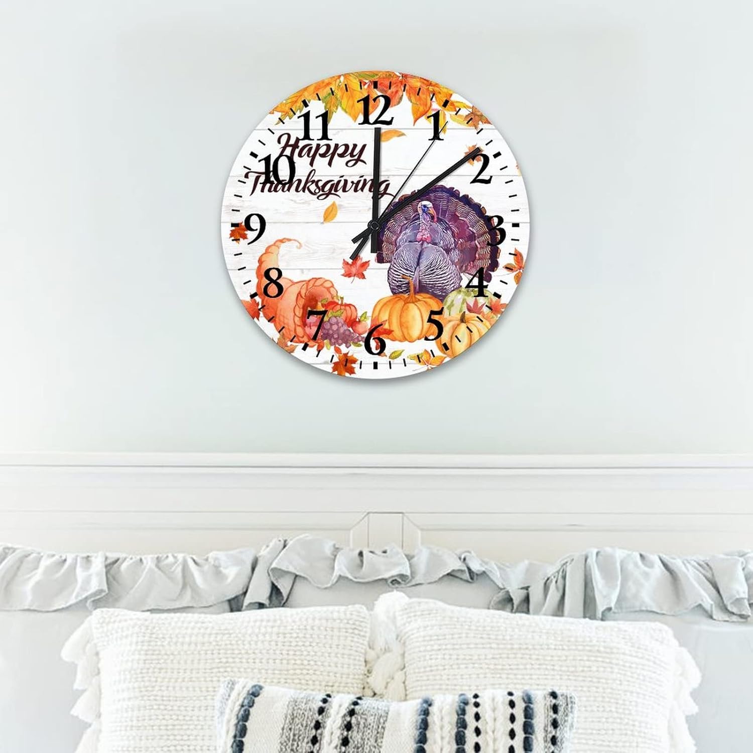 15 Inch Happy Thanksgiving Day Funny Turkey with Pumpkins Maple Leaves Clock Wooden Quality Quartz Non Ticking Seasonal Autumn Harvest Vintage Thanksgiving Wall Clock for Bedroom Round Clock