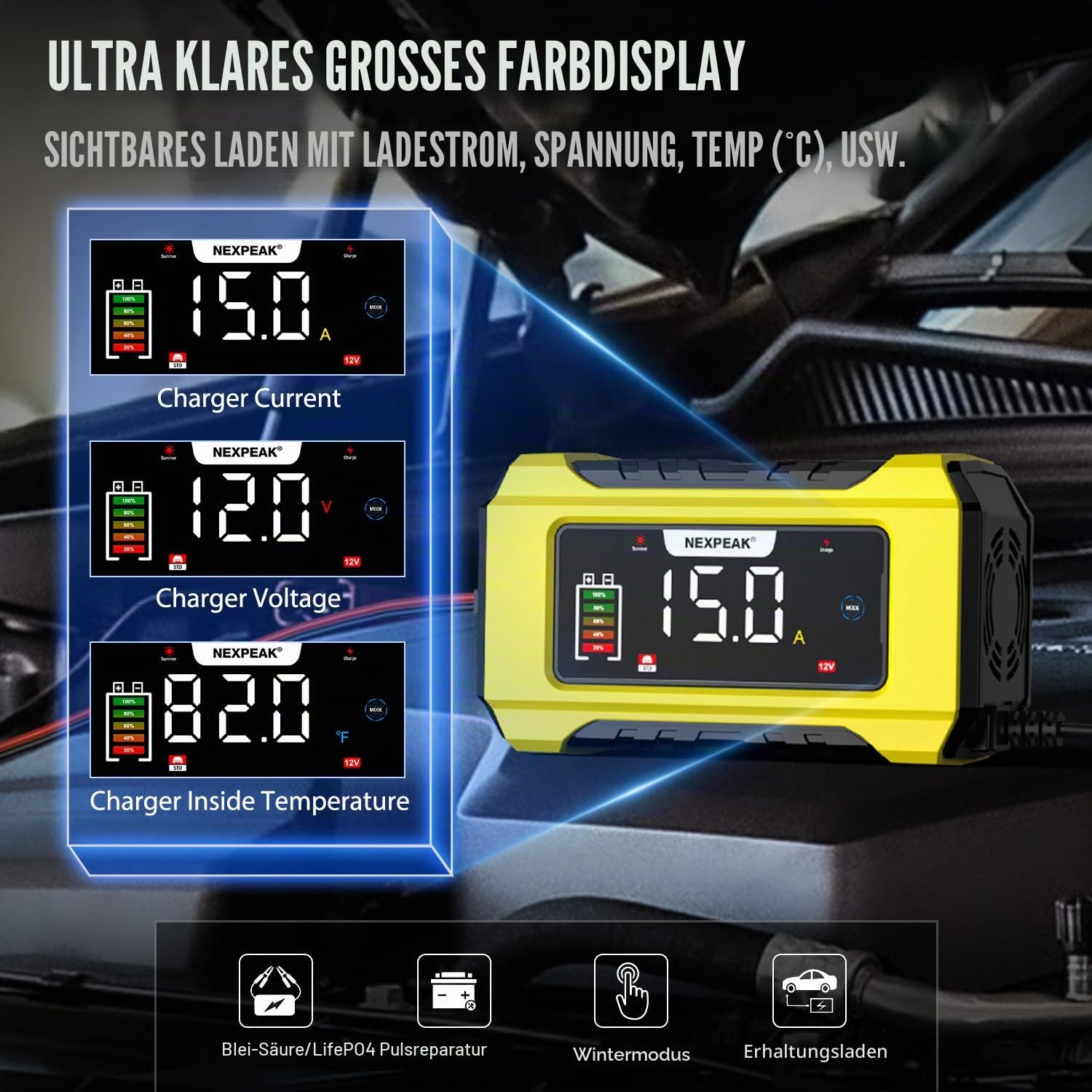 NEXPEAK NC215 15A Autobatterie Ladegerät, 12V 24V LiFePO4 Blei-Säure Tragbares Autobatterieladegerät 9-stufiges Intelligentes Batterieladegerät für Auto, LKW, Motorrad, Rasenmäher, Boot, Marine
